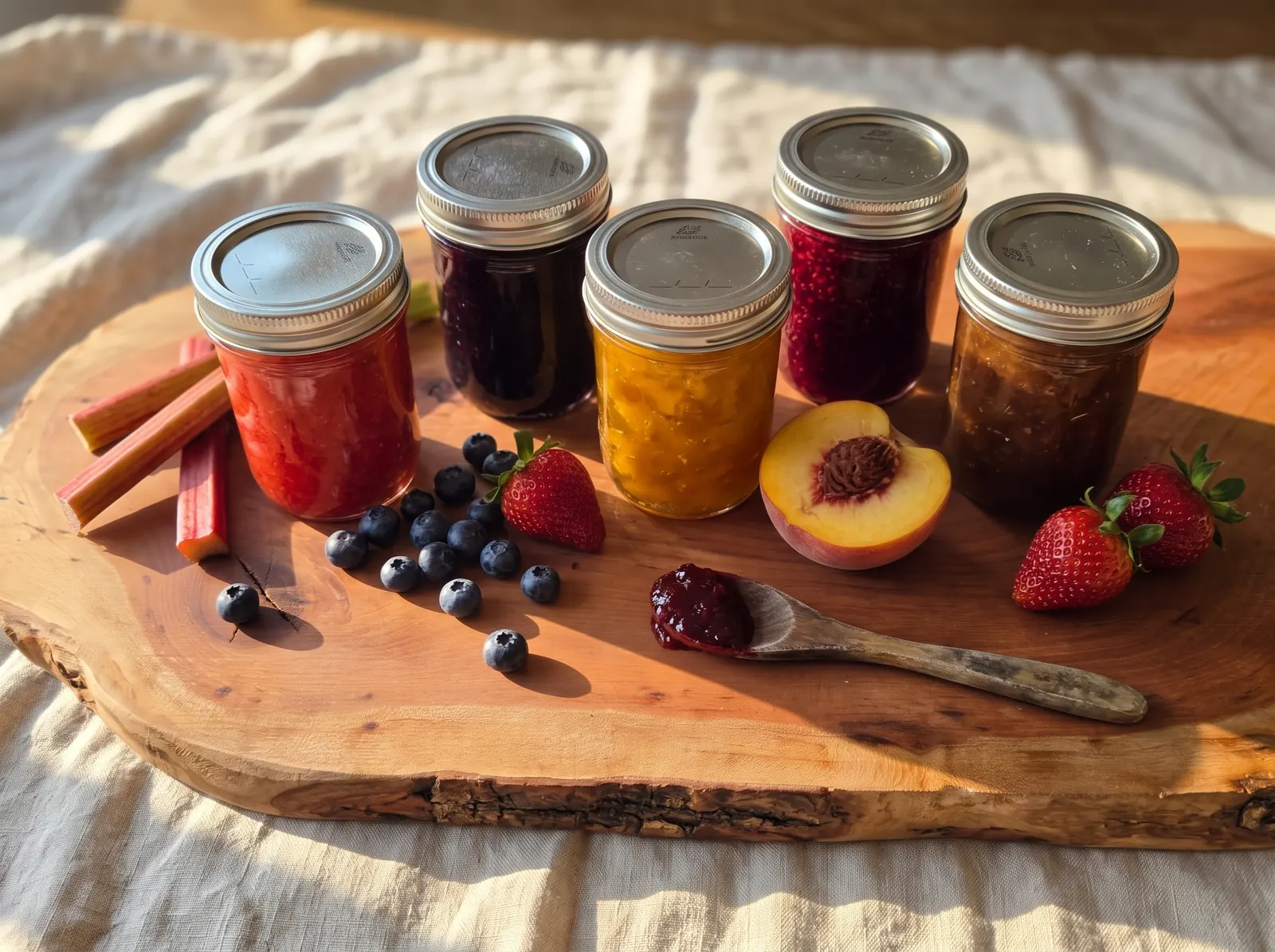 Jars of homemade jam on a wooden board with fresh strawberries, blueberries, rhubarb and a peach
