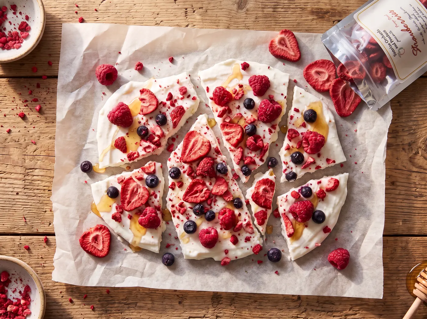 Écorce de yogourt glacée en morceaux, garnie de fraises, de framboises et de bleuets sauvages lyophilisés