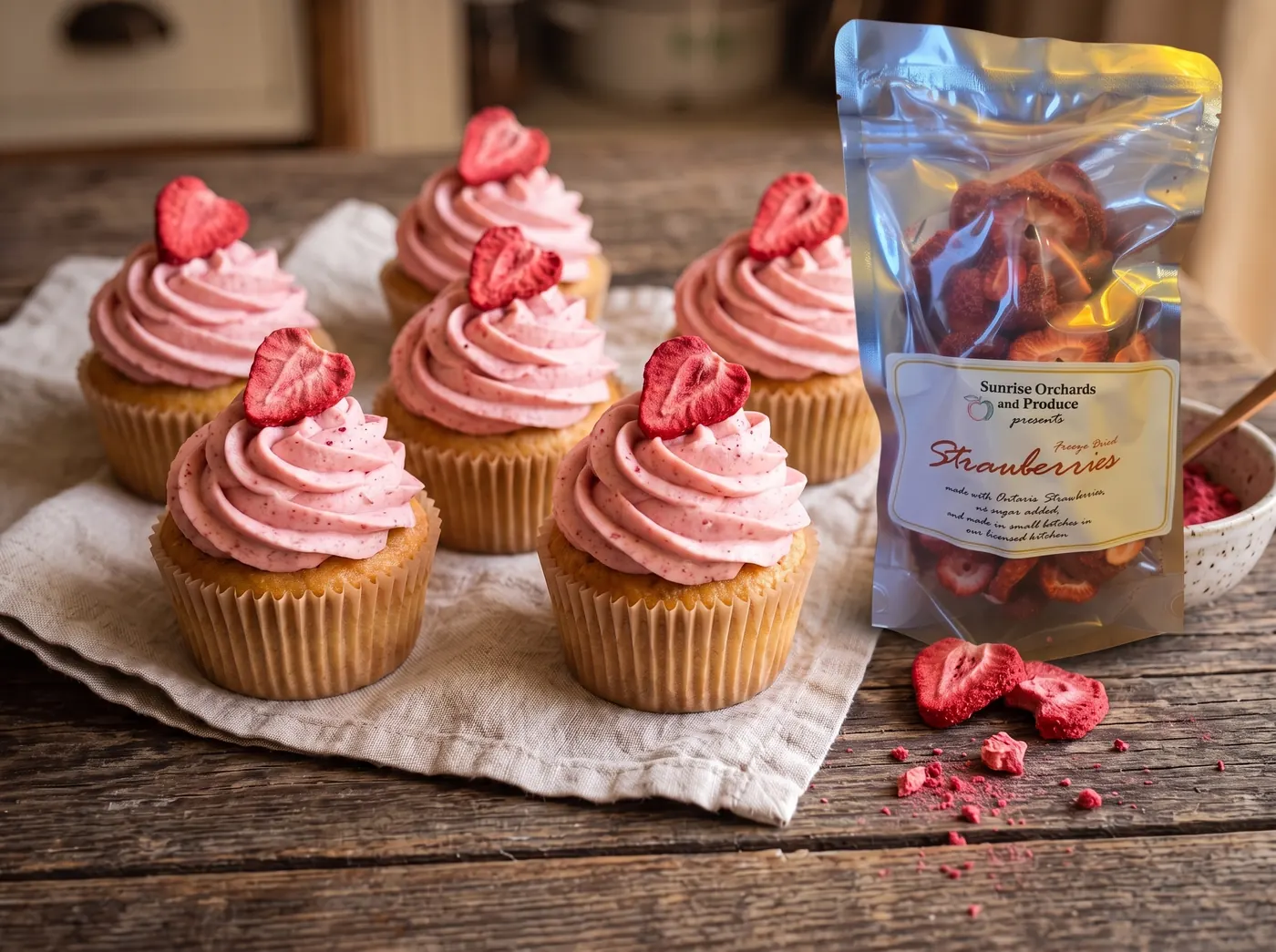 Cupcakes topped with pink strawberry buttercream and freeze-dried strawberry slices