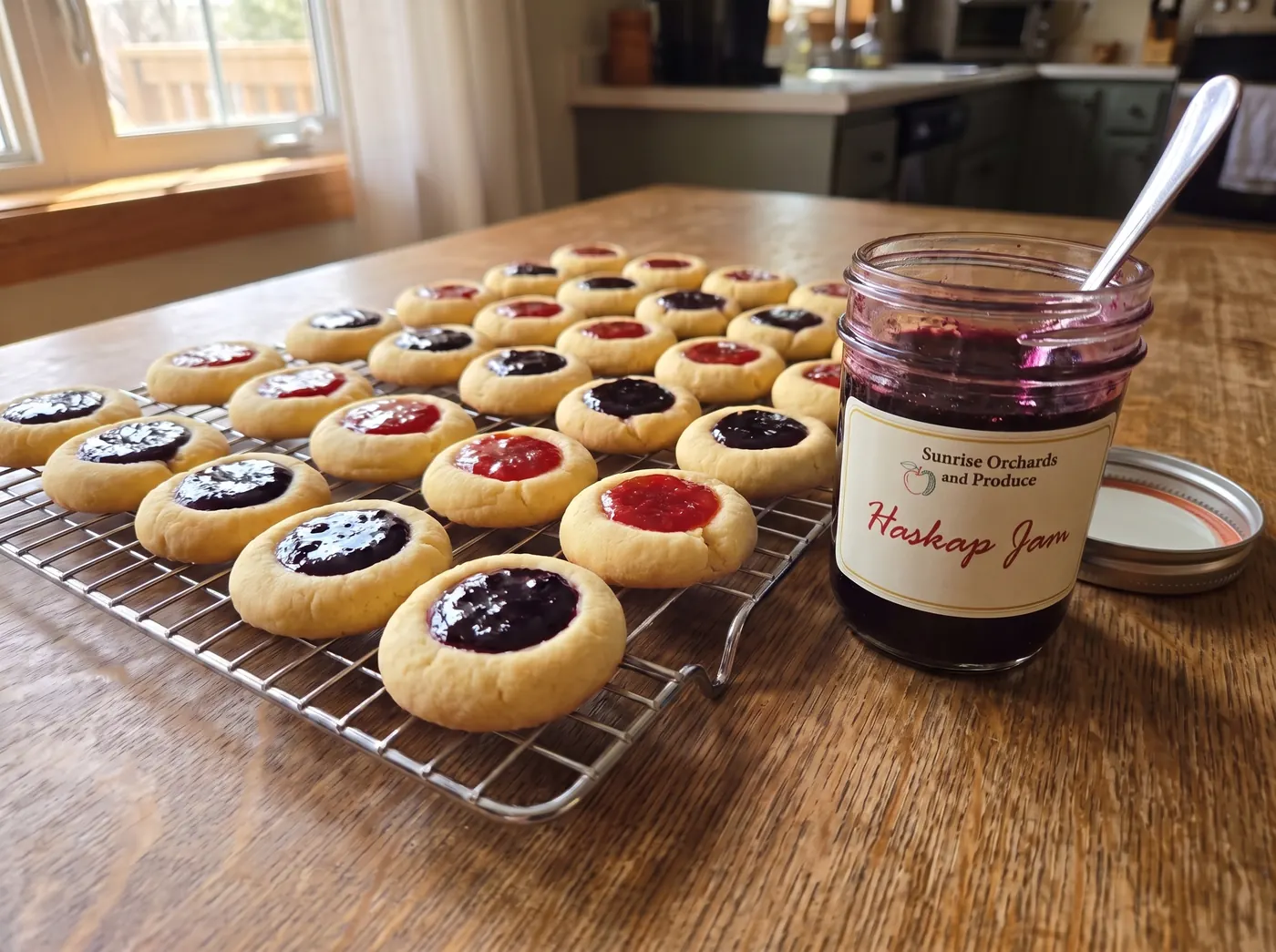 Biscuits sablés garnis de confiture de camerises et de fraises, à côté d'un pot de confiture ouvert